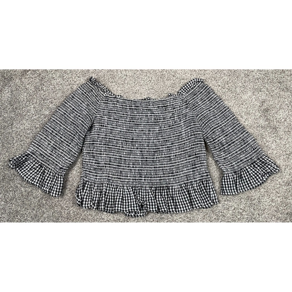 American Eagle Shirt Womens Medium Black Gingham Smocked Crop Ruffle Cottage Top